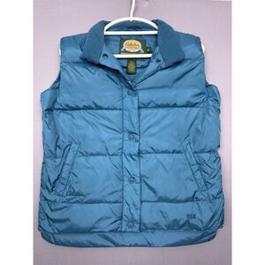 Cabelas Premier Northern Goose Down Puffer Vest Mens Small Blue Pockets Striped